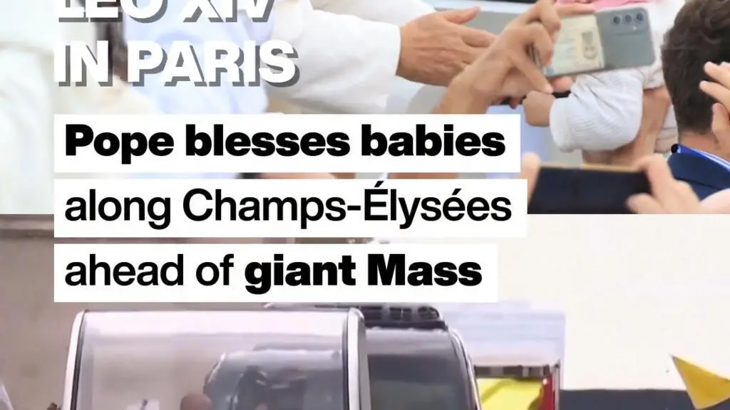 Paris, Champs Elysees, Leo XIV e o Papa abençoaram bebês no caminho para a Missa gigante. É bom ver momentos de união e…