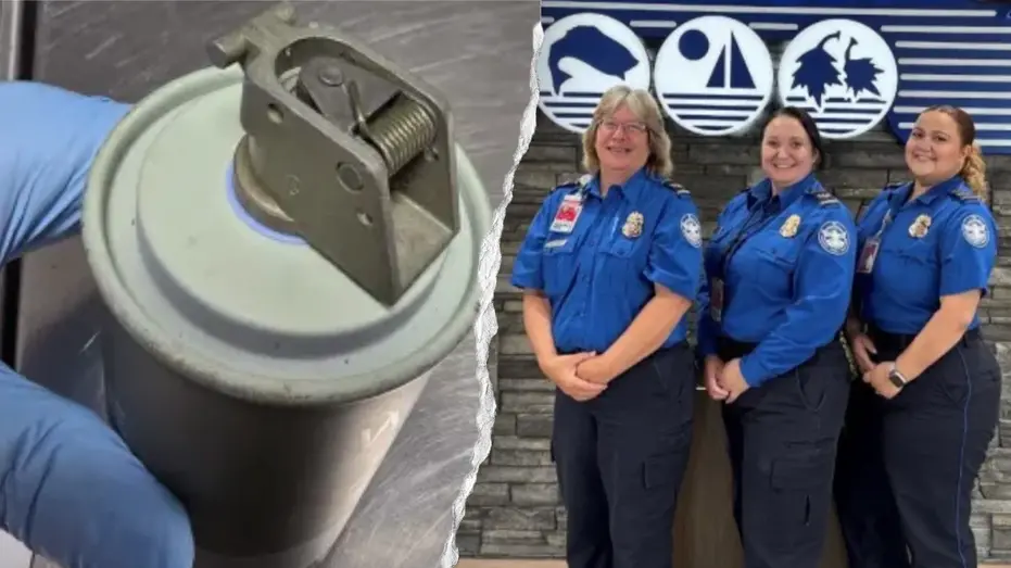 Watertown International Airport, em New York, teve um detetive de segurança encontrando um granada de fumaça usada em u…