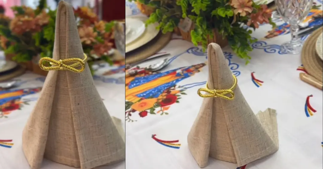 Guardanhos de pano virando Nossa Senhora de Nazaré, uma ideia simples para a mesa posta com toque do Círio. Essa decora…