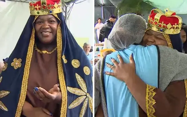 Priscila de Cássia de Moura se veste de Nossa Senhora Aparecida para acolher romeiros na Rodovia Presidente Dutra até 1…