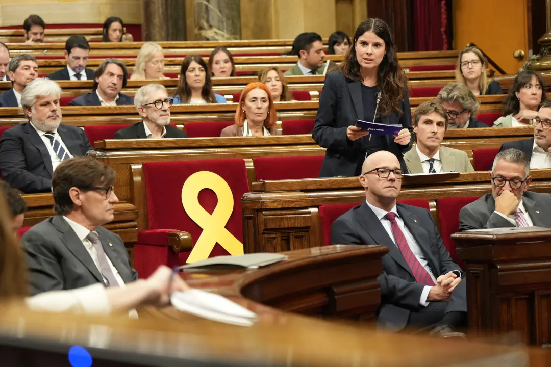 No Parlamento de Catalunha, Carles e Lluís Puig, com lazo amarelo, têm a votação iniciada e delegam o voto à Mònica Sal…