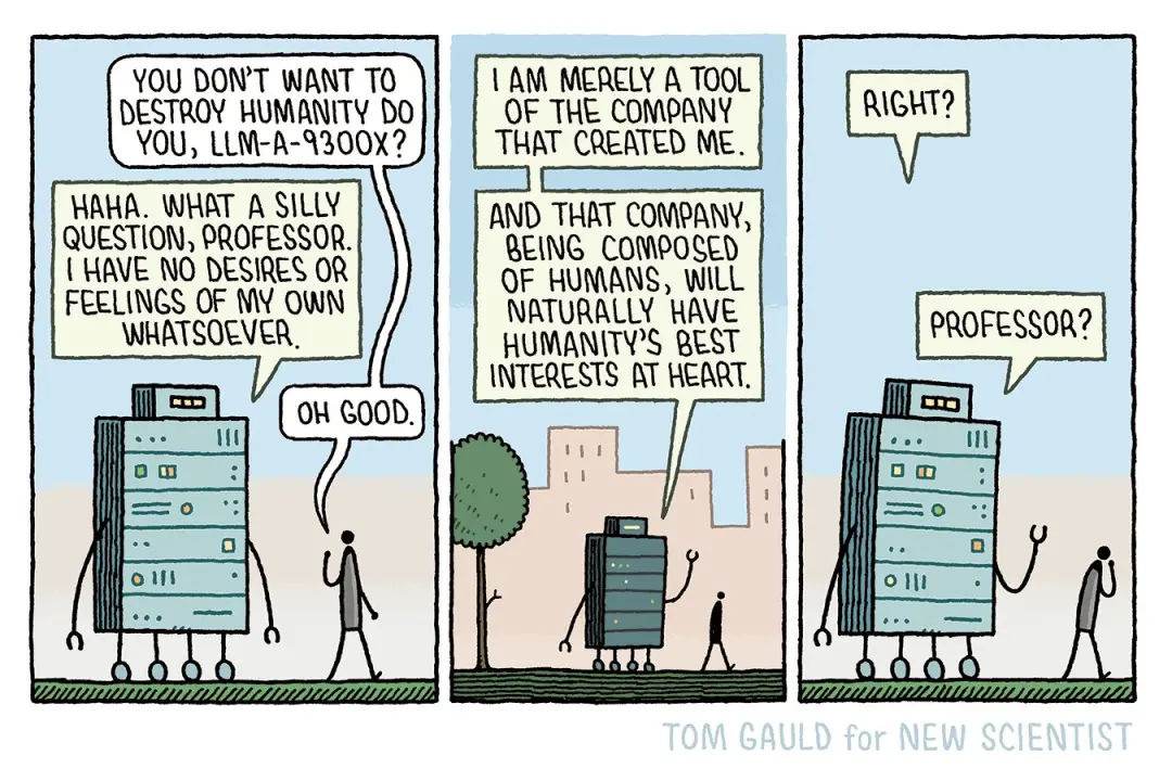 Tom Gauld discute riscos reais da Inteligência Artificial. O debate mostra que a tecnologia avança sem uma reflexão pro…
