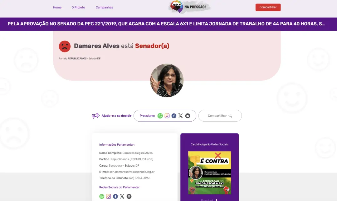 Damares Alves notificou a CUT pedindo a retirada dos dados dela da plataforma Na Pressão. A senadora argumenta que o co…