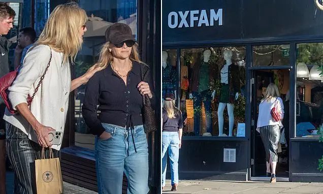 Reese Witherspoon e Laura Dern, com fortuna combinada de 350 milhões de libras, apareceram em uma loja de caridade em N…