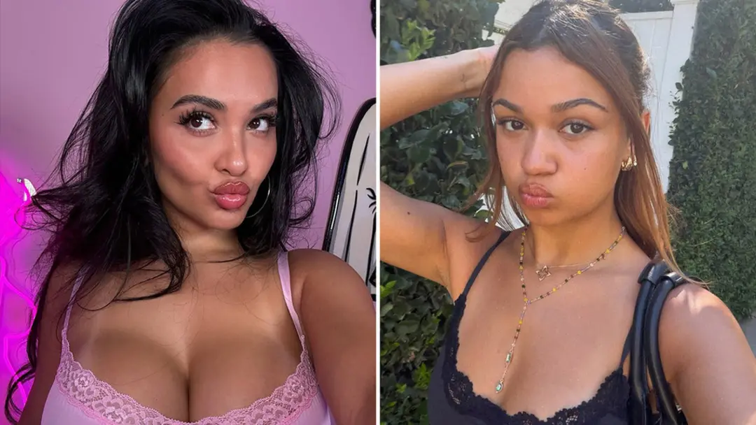 Stella Hudgens e Madison Bailey apresentando poses de bico diferentes, uma em rosa e a outra em preto. Acho que a foto …