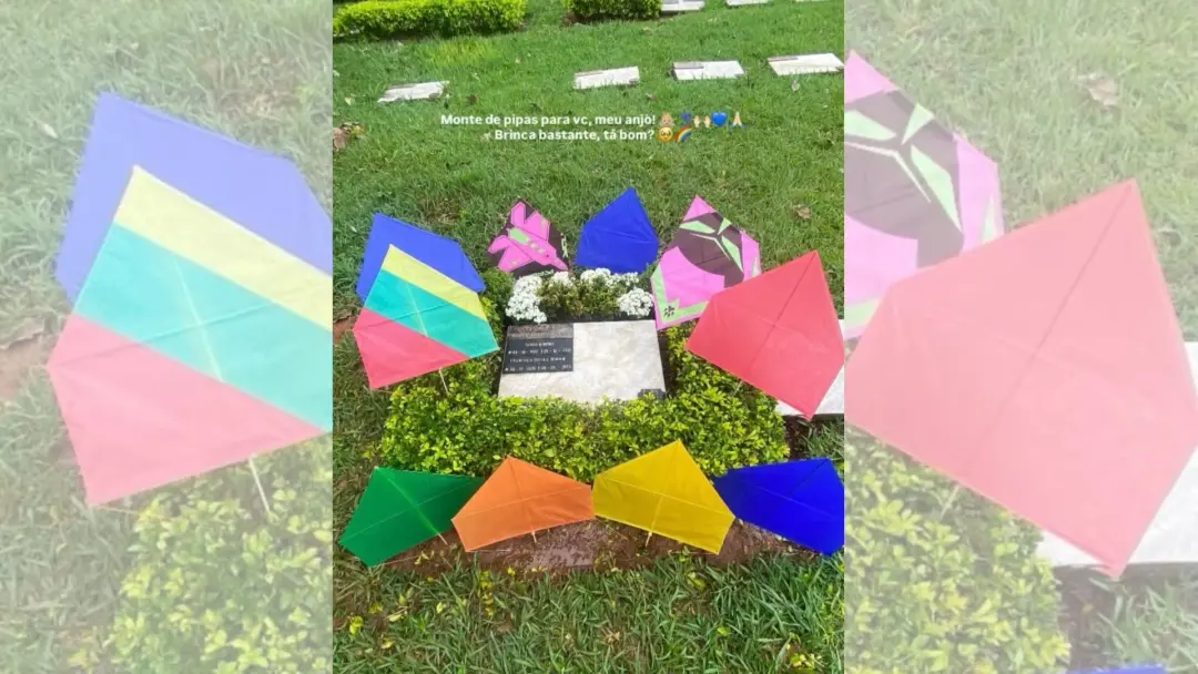 Francisco Guedes Bombini, o Super Chico, que completaria dez anos, foi homenageado com pipas na lápide. A imagem do bri…