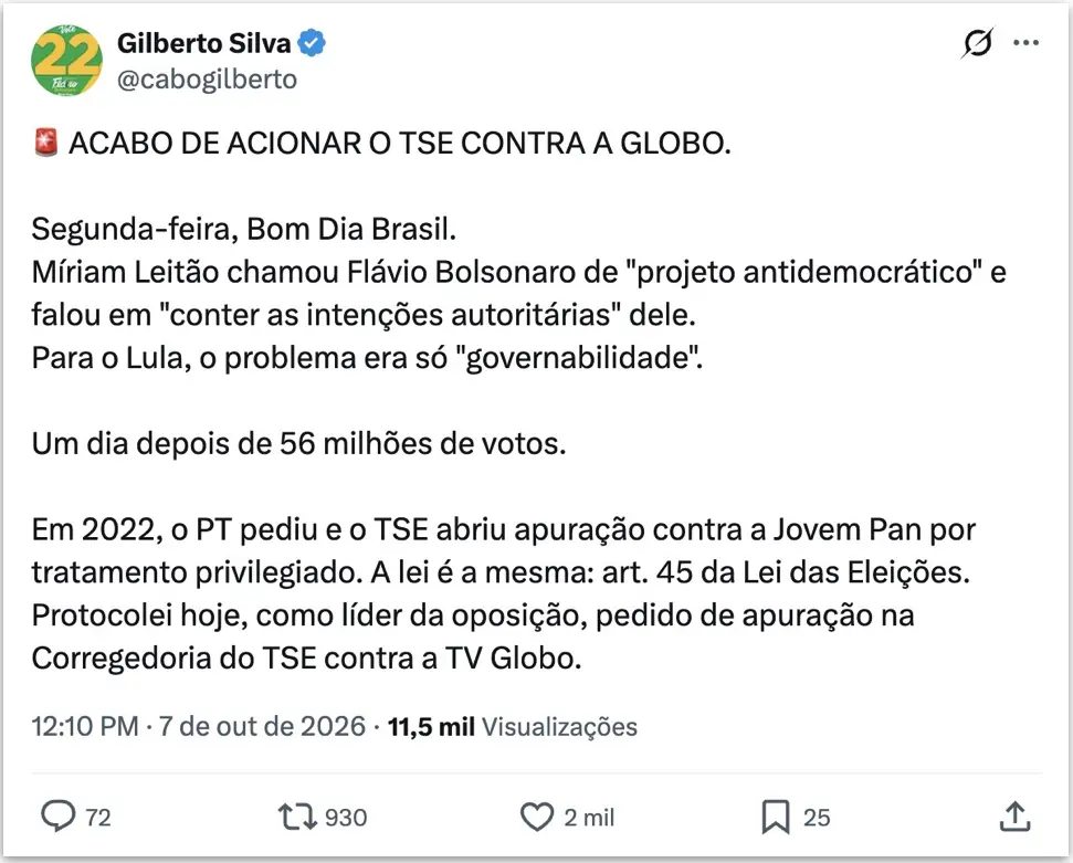 Cabo Gilberto acionou o TSE contra a TV Globo por declarações da jornalista Míriam Leitão sobre Flávio Bolsonaro. A ale…