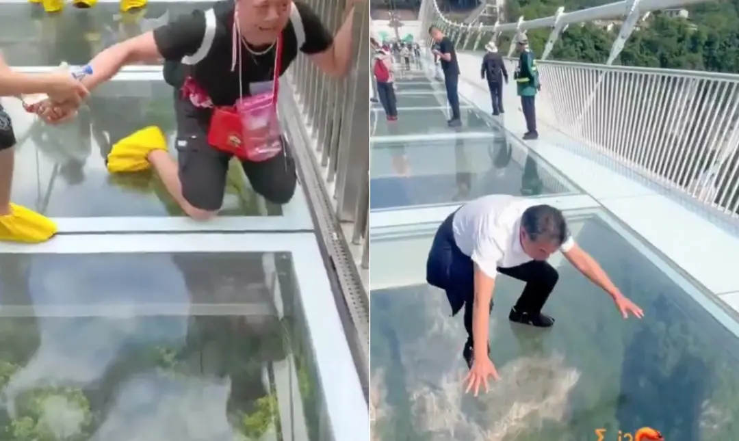 Ponte de vidro de 430 metros em Zhangjiajie, na China, vira atração onde turistas precisam se agarrar ou rastejar para …
