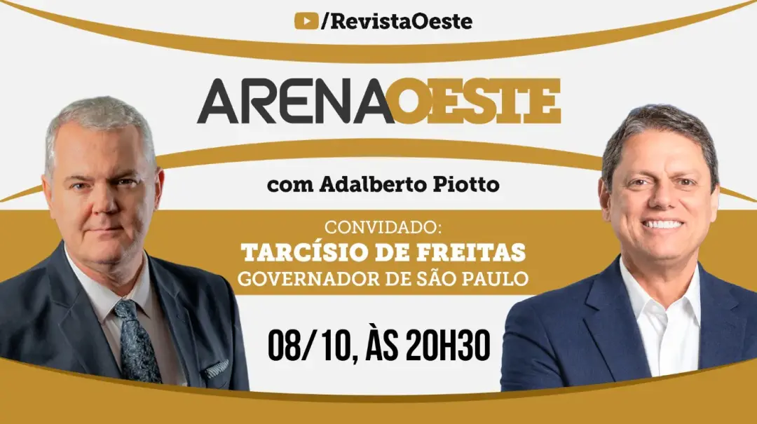 Tarcísio de Freitas participa do Arena Oeste com Adalberto Piotto no dia 8 de outubro de 2026, às 20h30. A presença del…