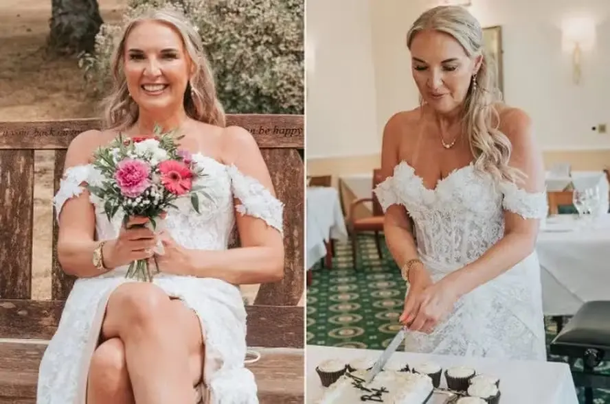 Amanda Barnes, britânica de 49 anos, realizou uma cerimônia simbólica em agosto, vestindo um vestido de noiva apesar do…