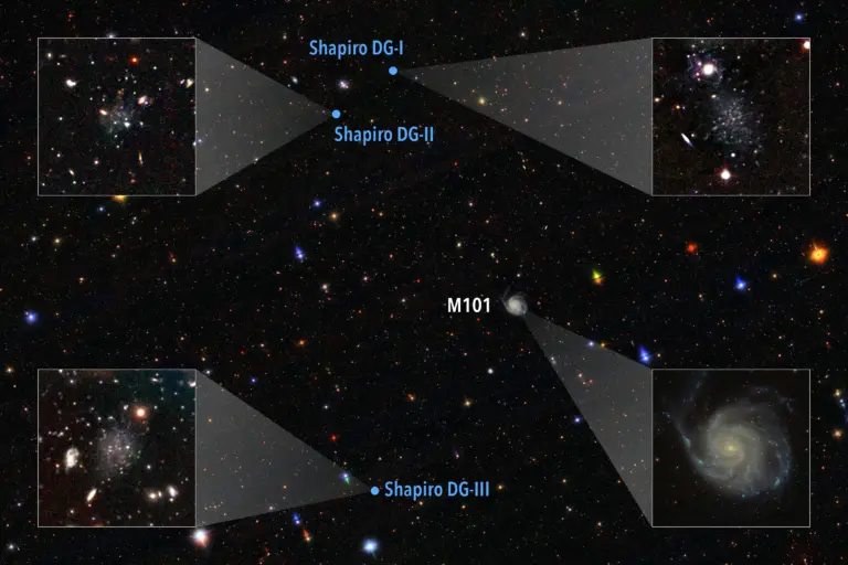 Julian Shapiro, estudante de astrofísica da Universidade de Berkeley, descobriu três galáxias anãs estranhas perto da M…