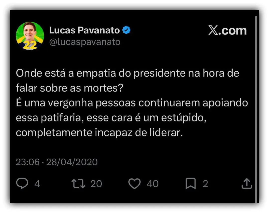 Lucas Pavanato voltou a postar críticas antigas a Jair Bolsonaro, falando sobre falta de empatia na pandemia e a conduç…