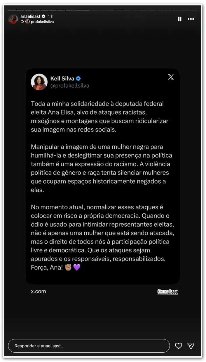 Ana Elisa recebeu mensagens racistas e ameaças de morte durante a campanha, o que fez o partido contratar segurança arm…