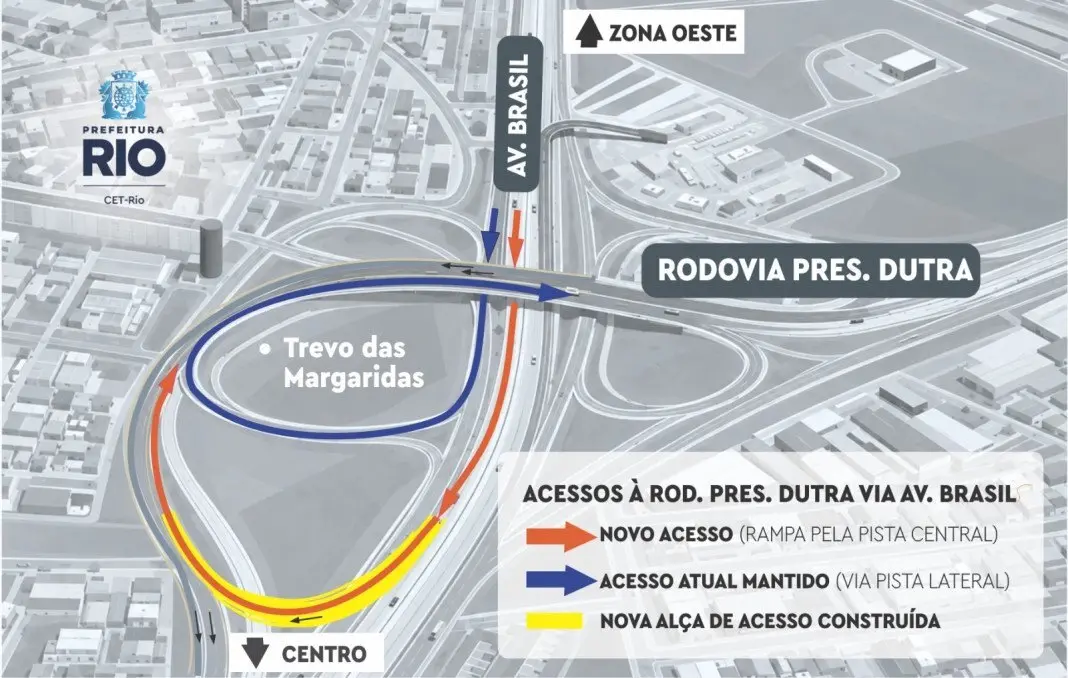 Nova alca na Avenida Brasil no Trevo das Margaridas abre no sábado às 14h30, ligando a pista central à Via Dutra. Parec…