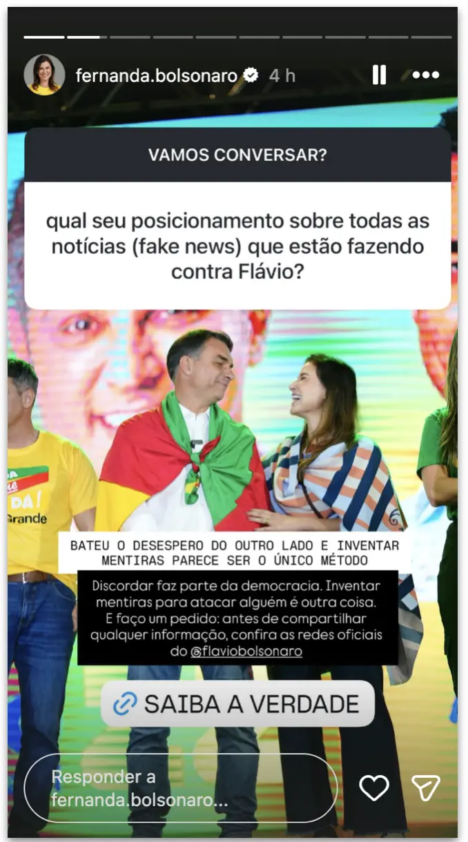 Fernanda Bolsonaro colocou no stories que discordar faz parte da democracia, mas inventar mentiras para atacar alguém n…