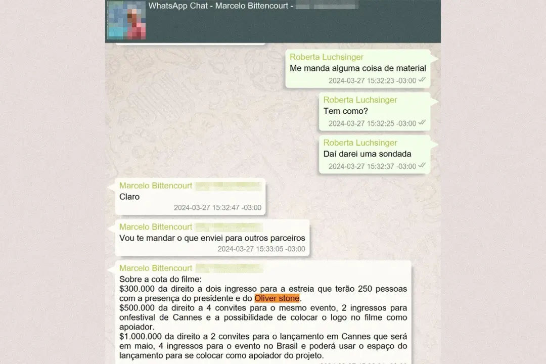 Lulinha e Luchsinger falaram de captação de dinheiro para o filme do Oliver Stone em estados onde o PT governa. O pai d…