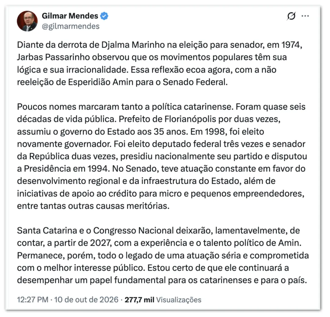Senador Esperidião Amin não foi reeleito no Senado de Santa Catarina. Perder para Carol de Toni e Carlos Bolsonaro tira…