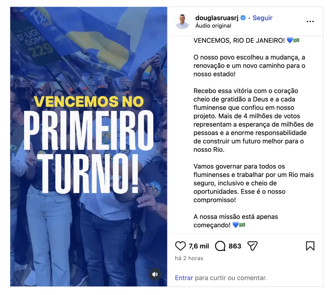 Douglas Ruas venceu o primeiro turno no Rio de Janeiro com 50,88% dos votos válidos depois da anulação de mais de 274 m…